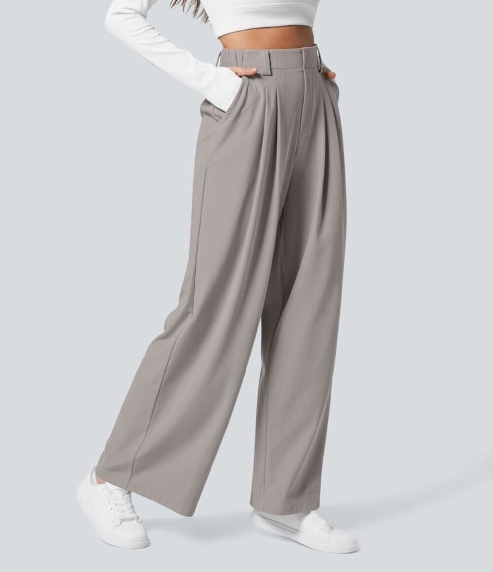 Halara Flex High Waisted Pocket Wide Leg Waffle Work Pants in Mink Ash Size LP